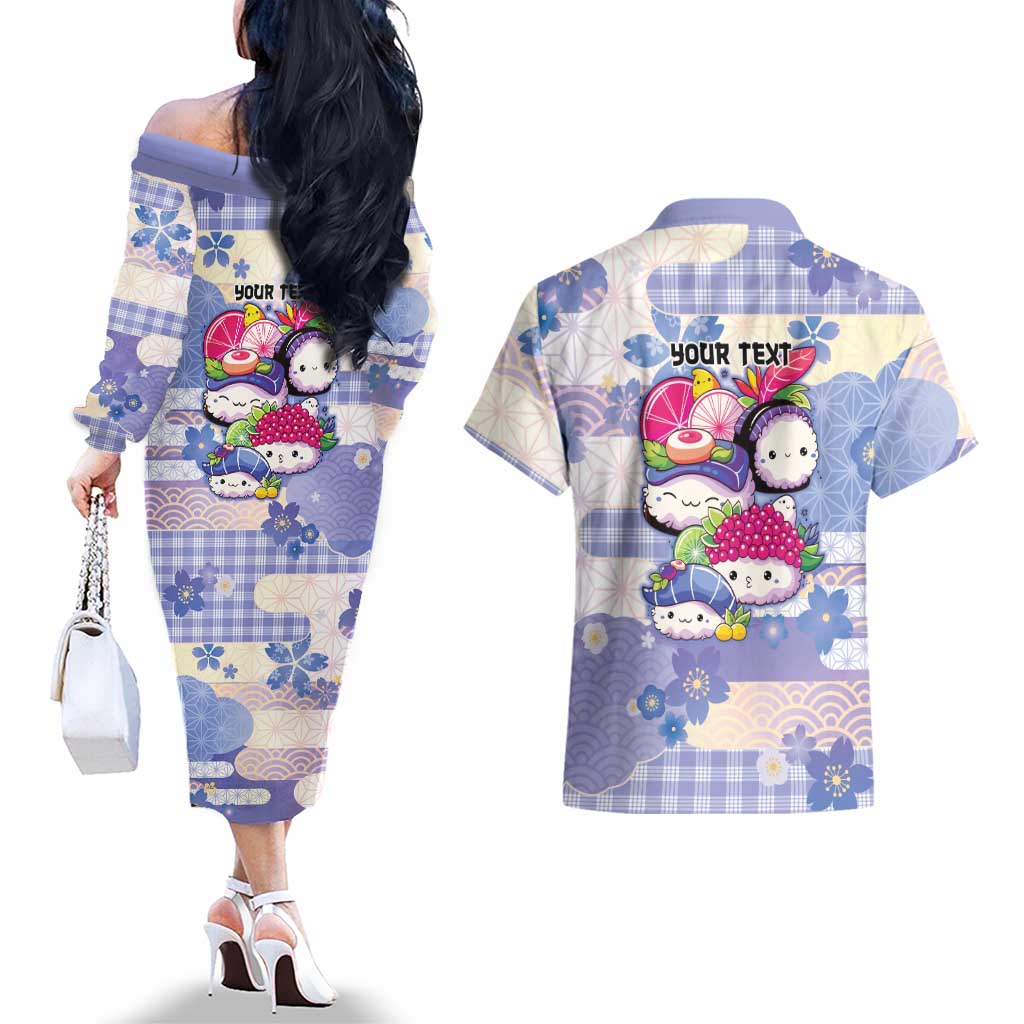 Personalized Japanese Kawaii Sushi Couples Matching Off The Shoulder Long Sleeve Dress and Hawaiian Shirt Blue Wagara Palaka This Is How I Roll