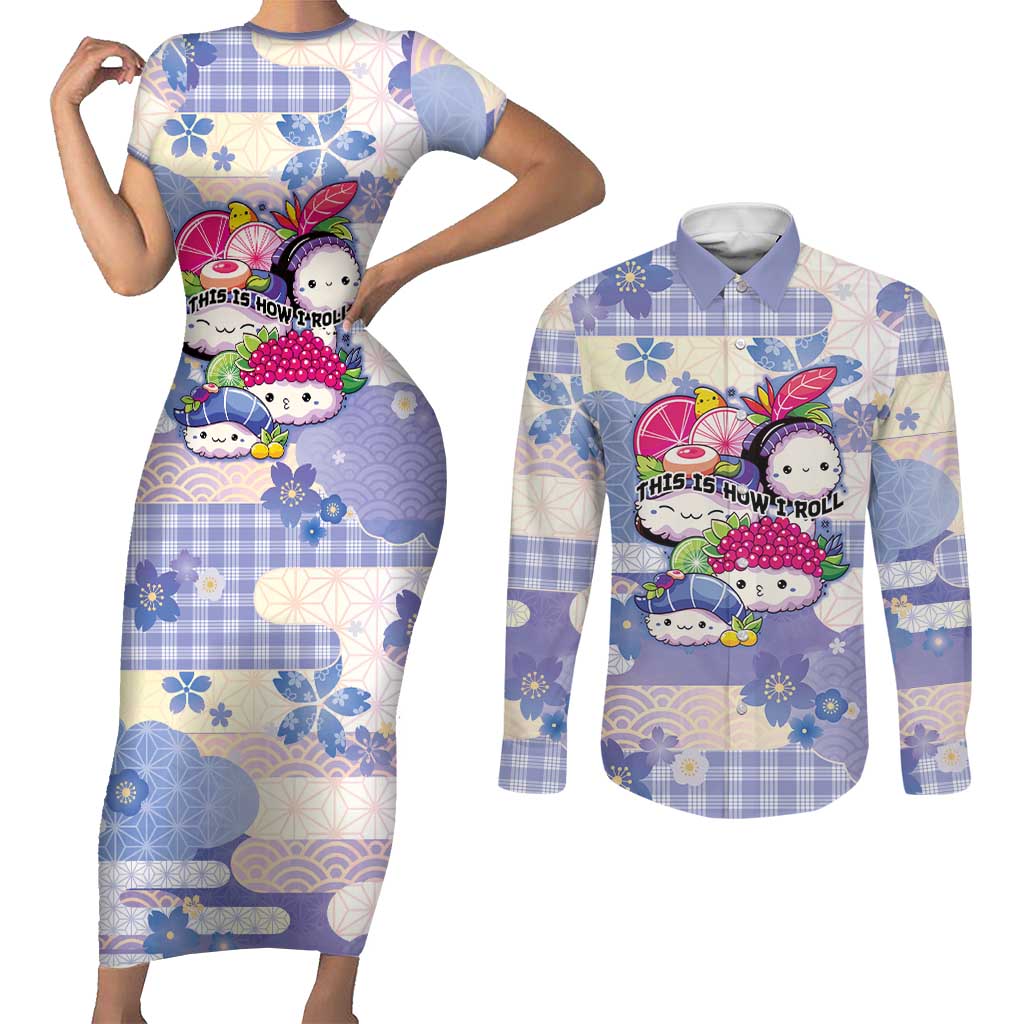Personalized Japanese Kawaii Sushi Couples Matching Short Sleeve Bodycon Dress and Long Sleeve Button Shirt Blue Wagara Palaka This Is How I Roll