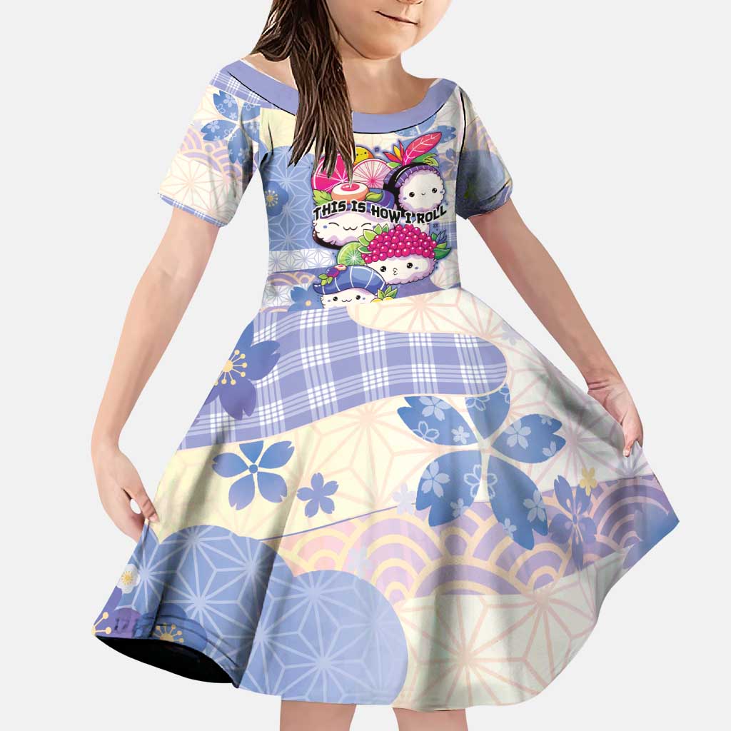 Personalized Japanese Kawaii Sushi Family Matching Off The Shoulder Long Sleeve Dress and Hawaiian Shirt Blue Wagara Palaka This Is How I Roll LT9 Daughter's Dress Blue - Polynesian Pride