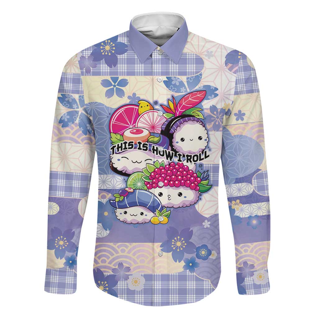 Personalized Japanese Kawaii Sushi Family Matching Off Shoulder Maxi Dress and Hawaiian Shirt Blue Wagara Palaka This Is How I Roll LT9 Dad's Shirt - Long Sleeve Blue - Polynesian Pride