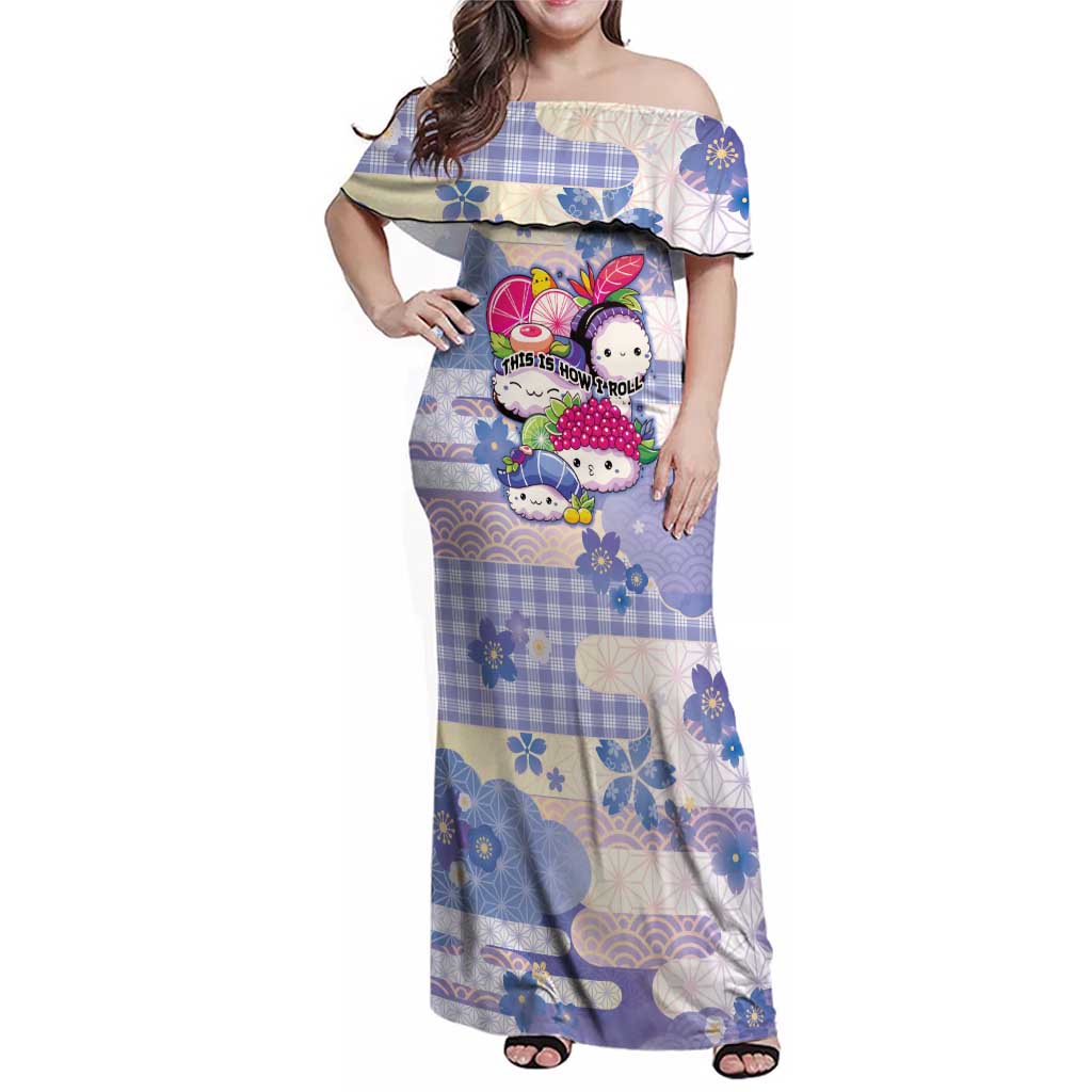 Personalized Japanese Kawaii Sushi Family Matching Off Shoulder Maxi Dress and Hawaiian Shirt Blue Wagara Palaka This Is How I Roll LT9 Mom's Dress Blue - Polynesian Pride