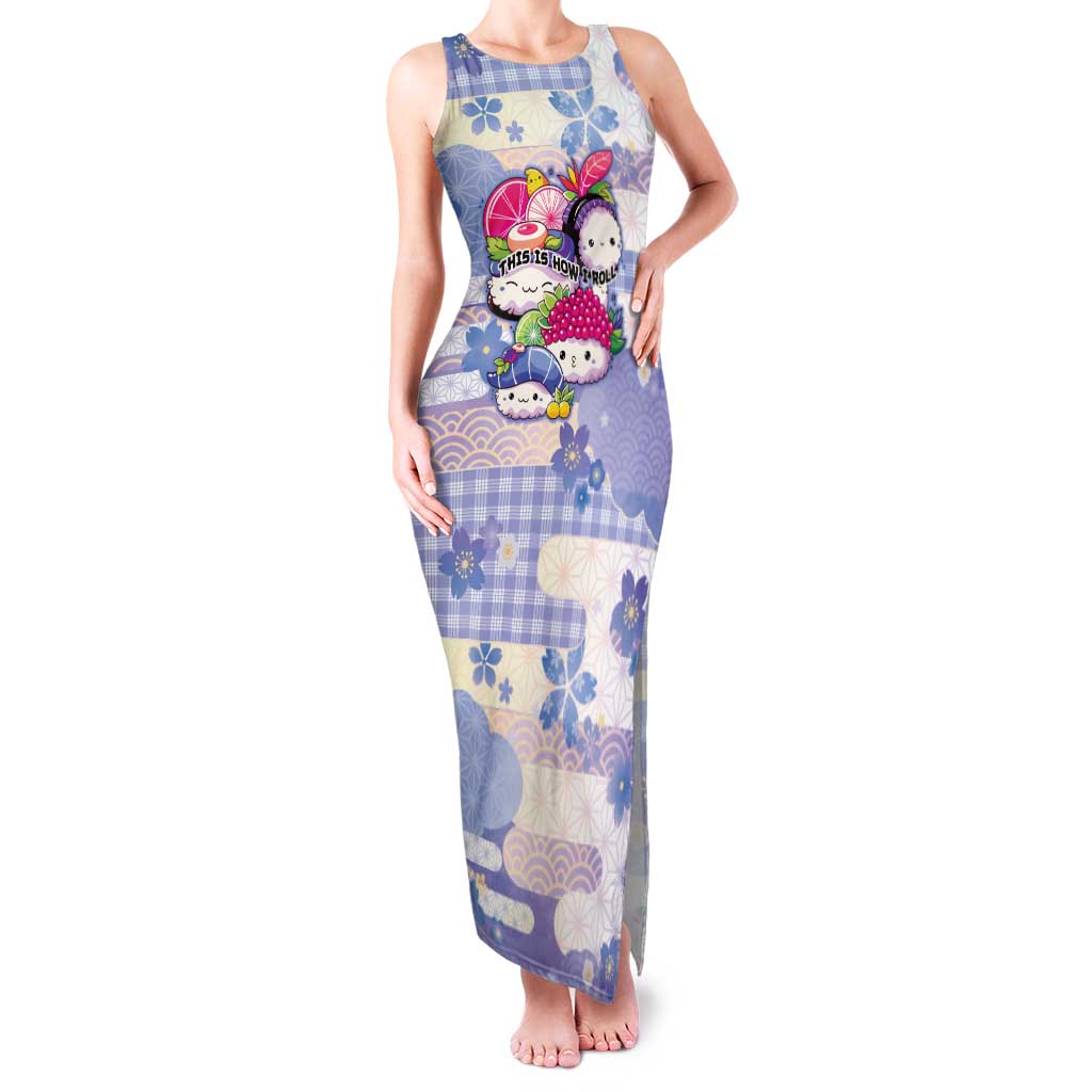 Personalized Japanese Kawaii Sushi Family Matching Tank Maxi Dress and Hawaiian Shirt Blue Wagara Palaka This Is How I Roll LT9 Mom's Dress Blue - Polynesian Pride