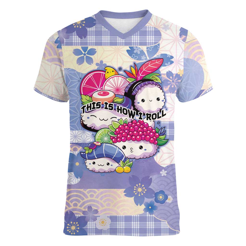 Personalized Japanese Kawaii Sushi Women V-Neck T-Shirt Blue Wagara Palaka This Is How I Roll