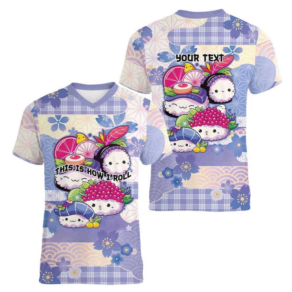 Personalized Japanese Kawaii Sushi Women V-Neck T-Shirt Blue Wagara Palaka This Is How I Roll