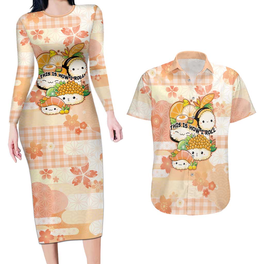 Personalized Japanese Kawaii Sushi Couples Matching Long Sleeve Bodycon Dress and Hawaiian Shirt Peach Wagara Palaka This Is How I Roll