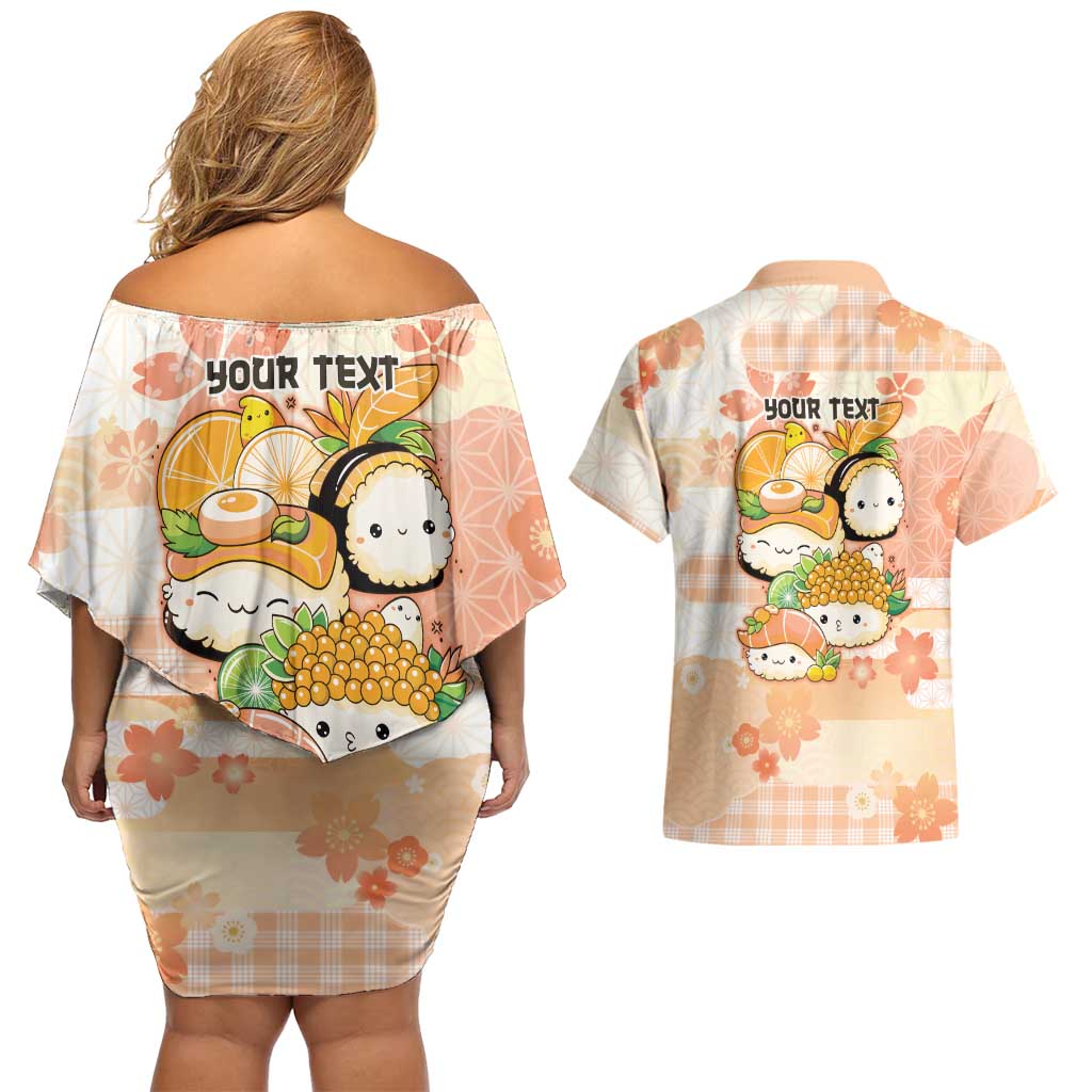 Personalized Japanese Kawaii Sushi Couples Matching Off Shoulder Short Dress and Hawaiian Shirt Peach Wagara Palaka This Is How I Roll