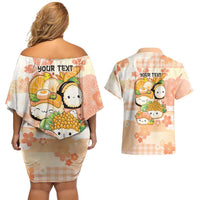 Personalized Japanese Kawaii Sushi Couples Matching Off Shoulder Short Dress and Hawaiian Shirt Peach Wagara Palaka This Is How I Roll
