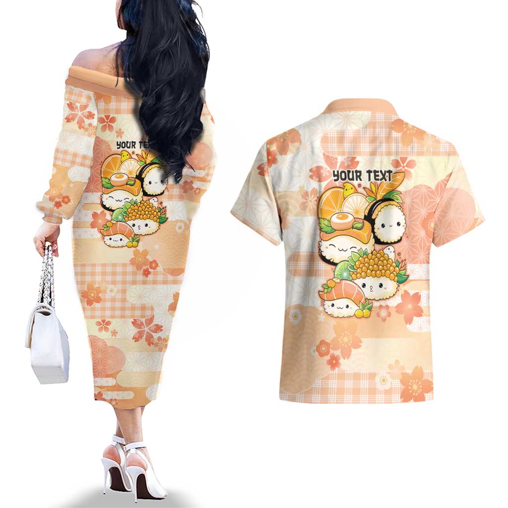 Personalized Japanese Kawaii Sushi Couples Matching Off The Shoulder Long Sleeve Dress and Hawaiian Shirt Peach Wagara Palaka This Is How I Roll