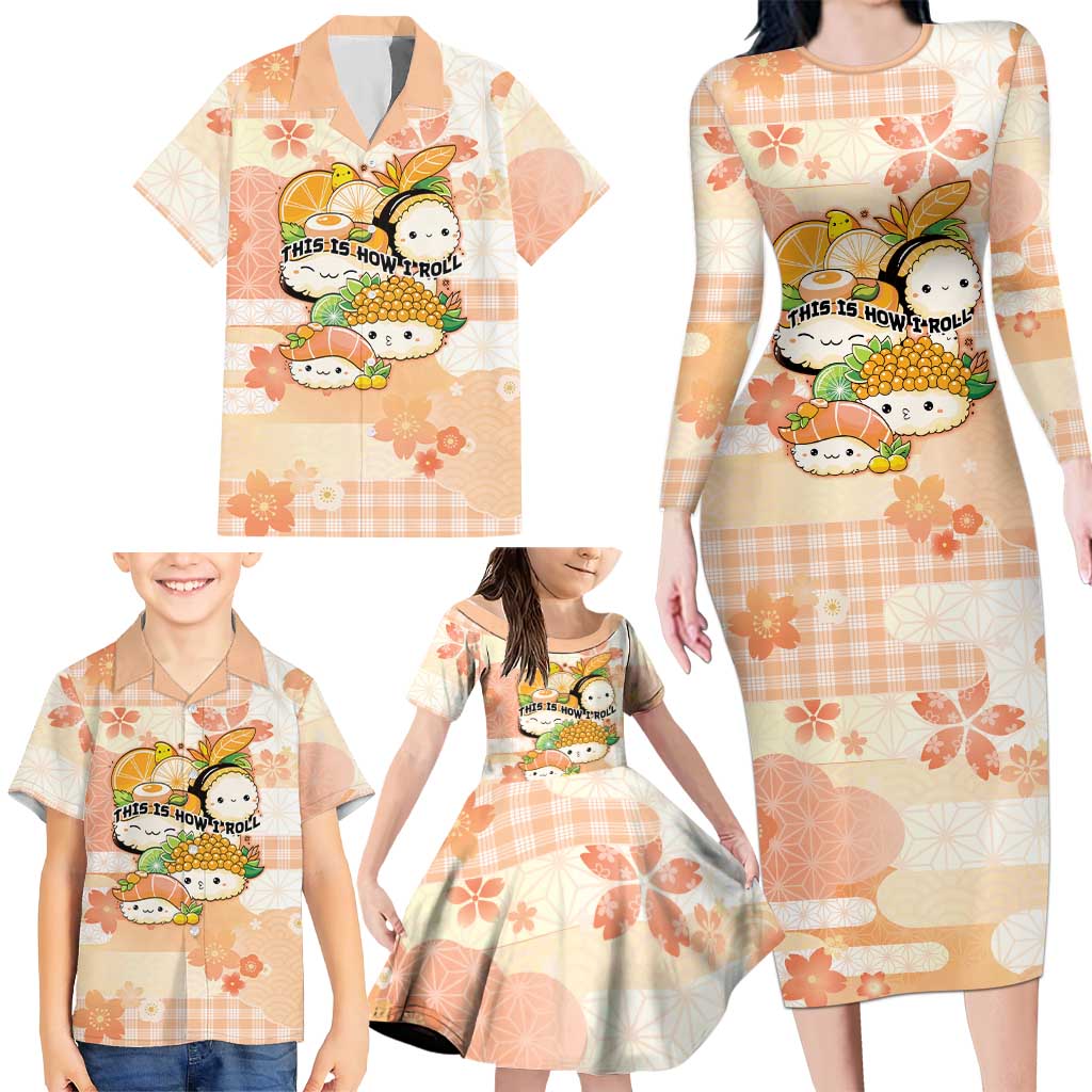 Personalized Japanese Kawaii Sushi Family Matching Long Sleeve Bodycon Dress and Hawaiian Shirt Peach Wagara Palaka This Is How I Roll LT9 - Polynesian Pride