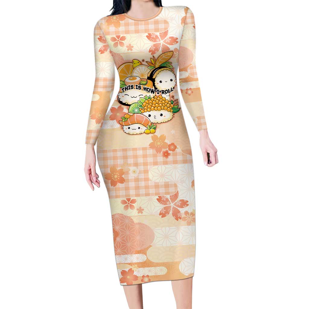 Personalized Japanese Kawaii Sushi Family Matching Long Sleeve Bodycon Dress and Hawaiian Shirt Peach Wagara Palaka This Is How I Roll LT9 Mom's Dress Peach - Polynesian Pride