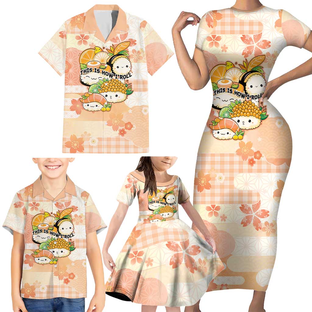 Personalized Japanese Kawaii Sushi Family Matching Short Sleeve Bodycon Dress and Hawaiian Shirt Peach Wagara Palaka This Is How I Roll LT9 - Polynesian Pride