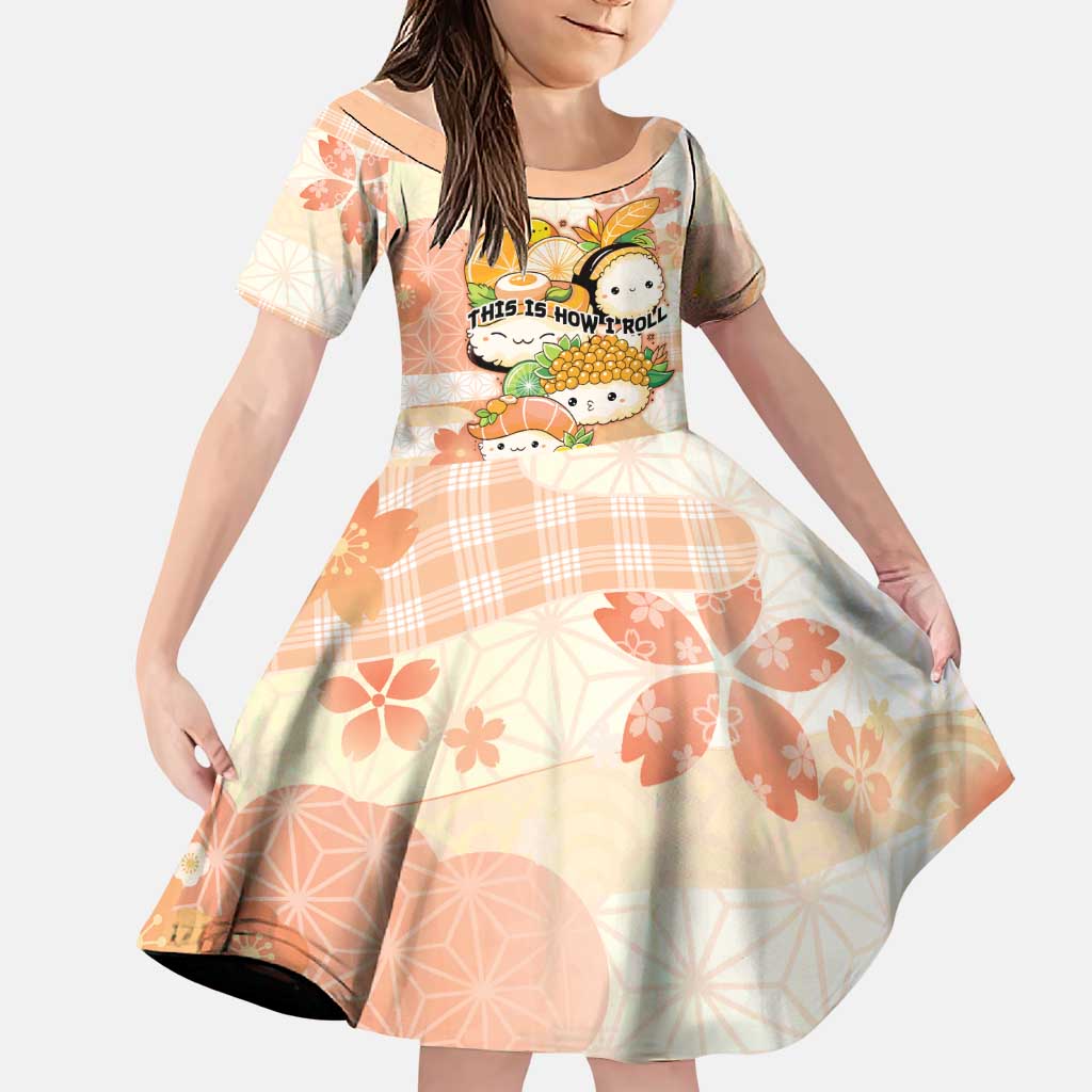 Personalized Japanese Kawaii Sushi Family Matching Tank Maxi Dress and Hawaiian Shirt Peach Wagara Palaka This Is How I Roll LT9 Daughter's Dress Peach - Polynesian Pride