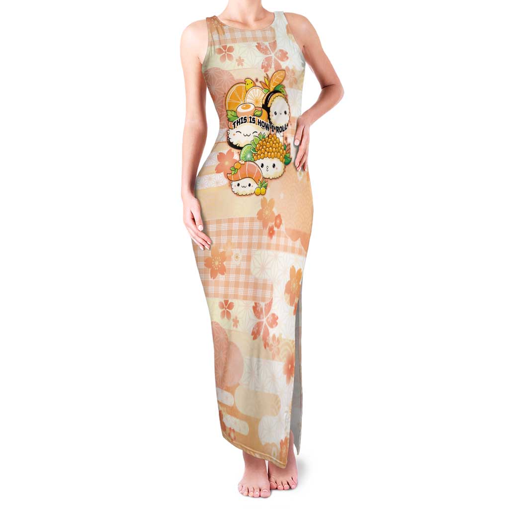Personalized Japanese Kawaii Sushi Family Matching Tank Maxi Dress and Hawaiian Shirt Peach Wagara Palaka This Is How I Roll LT9 Mom's Dress Peach - Polynesian Pride