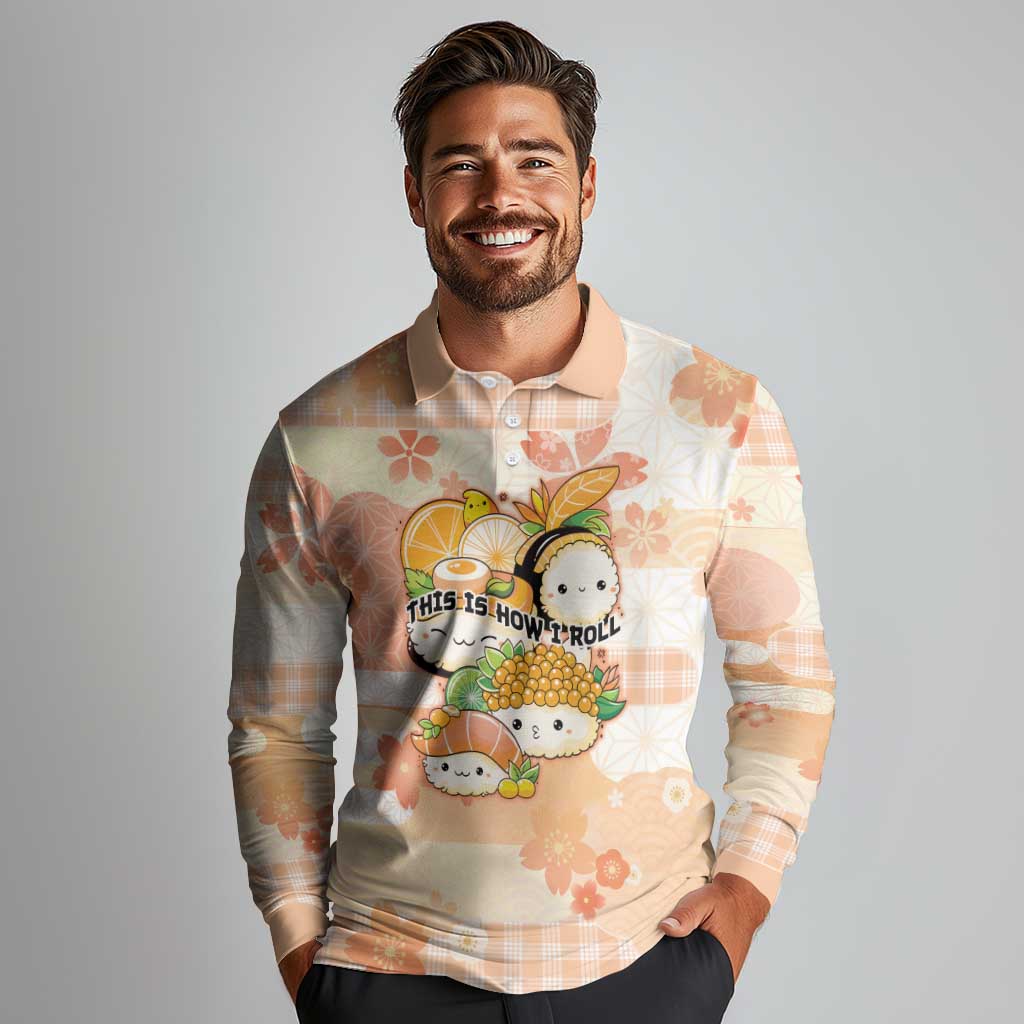 Personalized Japanese Kawaii Sushi Long Sleeve Polo Shirt Peach Wagara Palaka This Is How I Roll