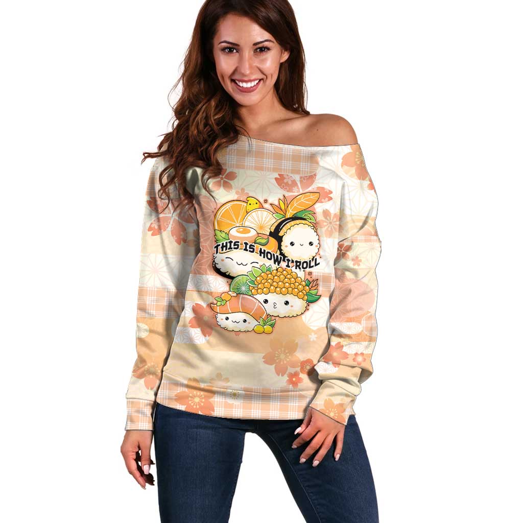 Personalized Japanese Kawaii Sushi Off Shoulder Sweater Peach Wagara Palaka This Is How I Roll