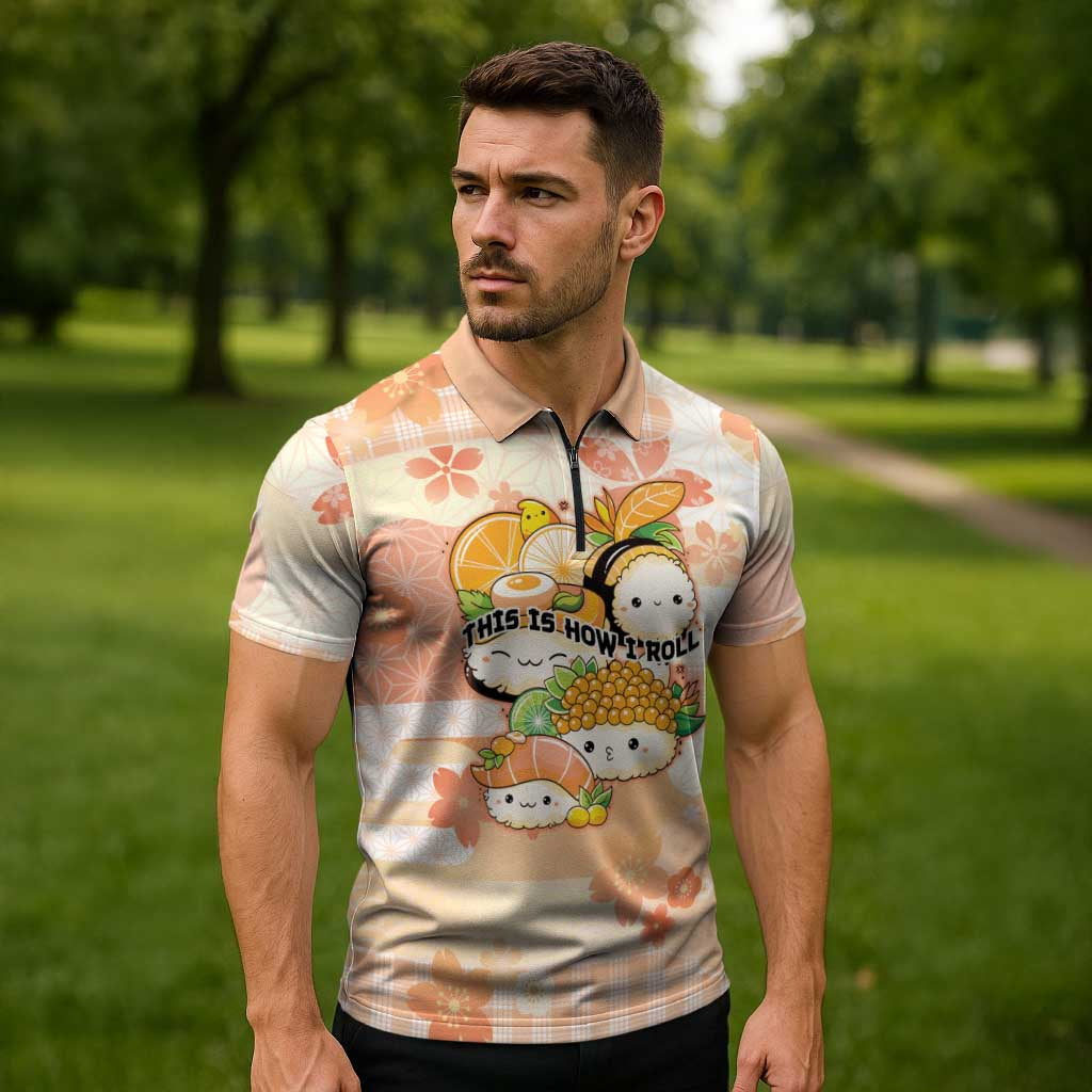 Personalized Japanese Kawaii Sushi Zipper Polo Shirt Peach Wagara Palaka This Is How I Roll