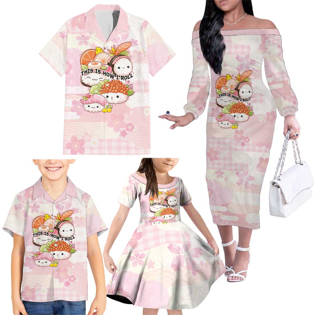 Personalized Japanese Kawaii Sushi Family Matching Off The Shoulder Long Sleeve Dress and Hawaiian Shirt Pink Wagara Palaka This Is How I Roll LT9 - Polynesian Pride