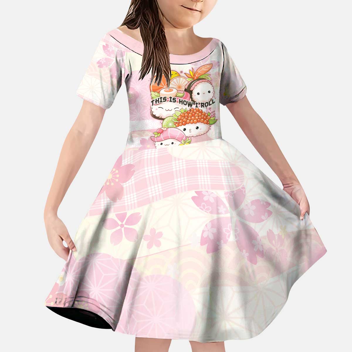 Personalized Japanese Kawaii Sushi Kid Short Sleeve Dress Pink Wagara Palaka This Is How I Roll