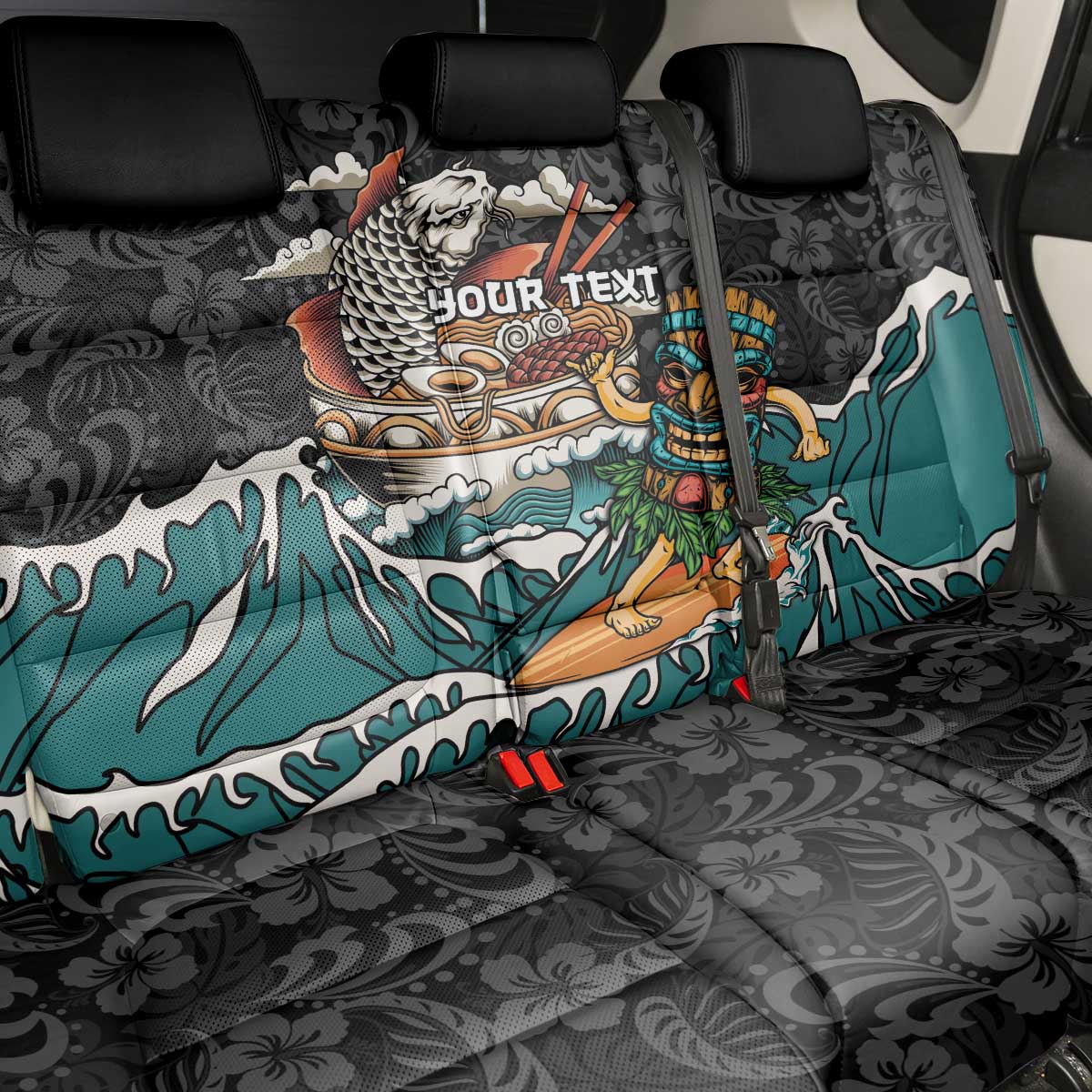 Personalized Japanese Koi Fish Ramen Back Car Seat Cover Tiki Surfing Wagara Hibiscus Pattern