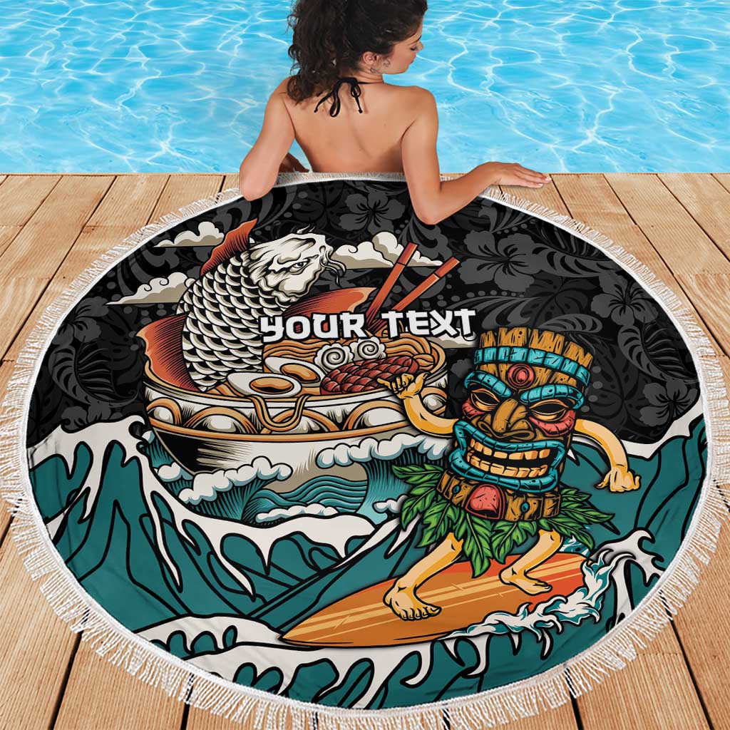 Personalized Japanese Koi Fish Ramen Beach Blanket Tiki Surfing Wagara Hibiscus Pattern