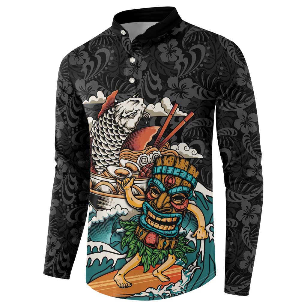 Personalized Japanese Koi Fish Ramen Button Sweatshirt Tiki Surfing Wagara Hibiscus Pattern