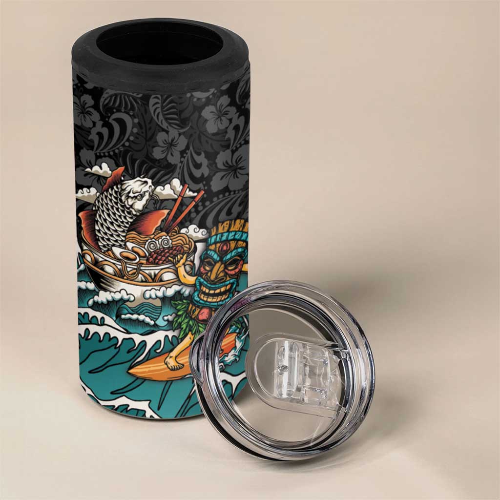 Personalized Japanese Koi Fish Ramen 4 in 1 Can Cooler Tumbler Tiki Surfing Wagara Hibiscus Pattern