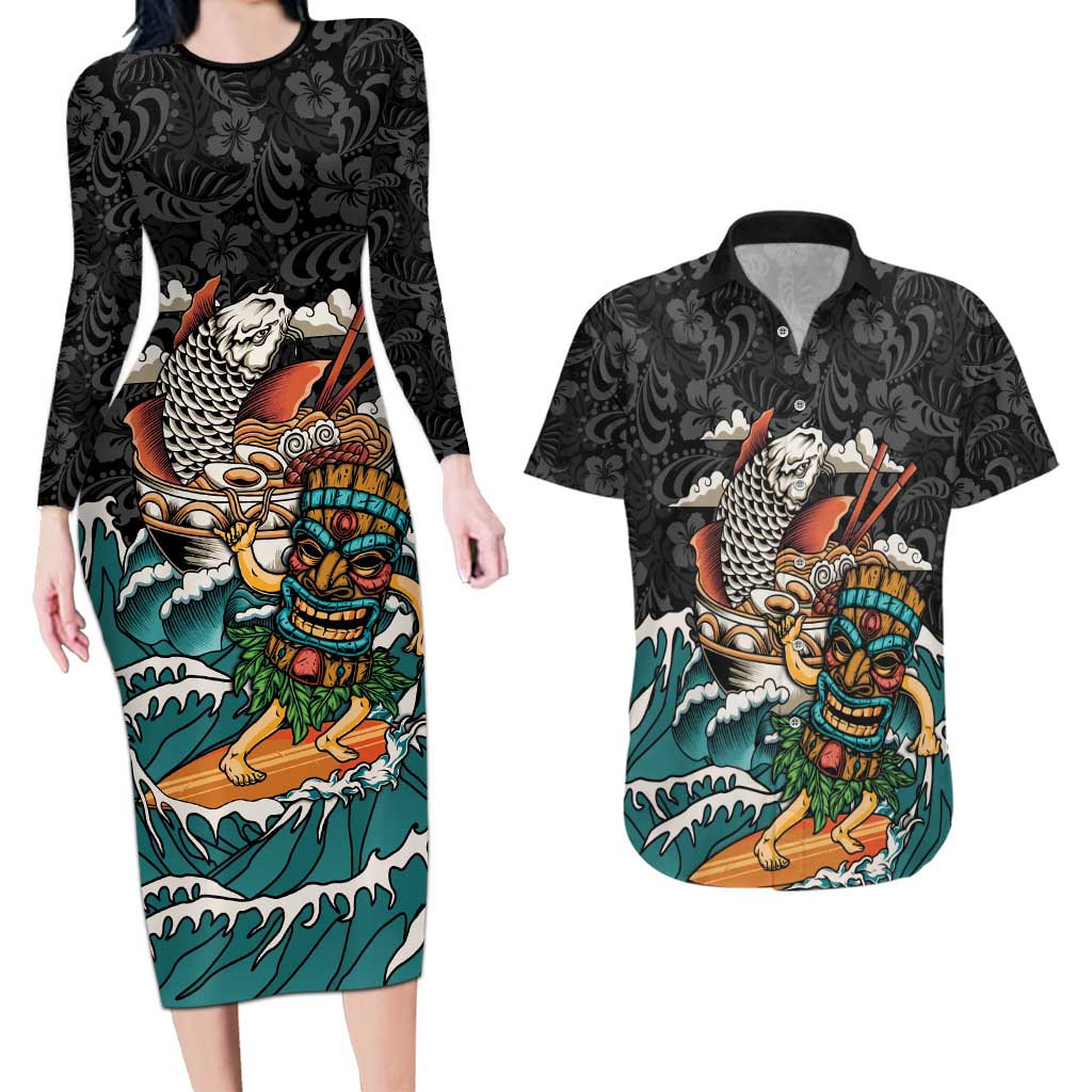 Personalized Japanese Koi Fish Ramen Couples Matching Long Sleeve Bodycon Dress and Hawaiian Shirt Tiki Surfing Wagara Hibiscus Pattern