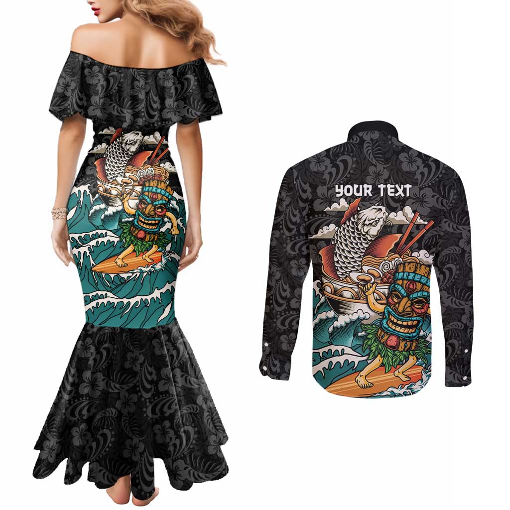 Personalized Japanese Koi Fish Ramen Couples Matching Mermaid Dress and Long Sleeve Button Shirt Tiki Surfing Wagara Hibiscus Pattern