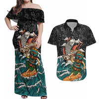 Personalized Japanese Koi Fish Ramen Couples Matching Off Shoulder Maxi Dress and Hawaiian Shirt Tiki Surfing Wagara Hibiscus Pattern LT9 Black - Polynesian Pride