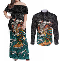 Personalized Japanese Koi Fish Ramen Couples Matching Off Shoulder Maxi Dress and Long Sleeve Button Shirt Tiki Surfing Wagara Hibiscus Pattern