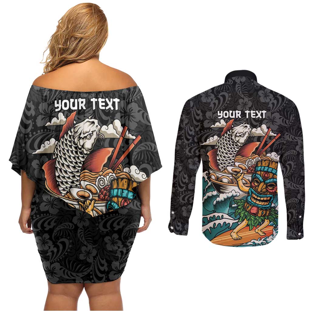 Personalized Japanese Koi Fish Ramen Couples Matching Off Shoulder Short Dress and Long Sleeve Button Shirt Tiki Surfing Wagara Hibiscus Pattern
