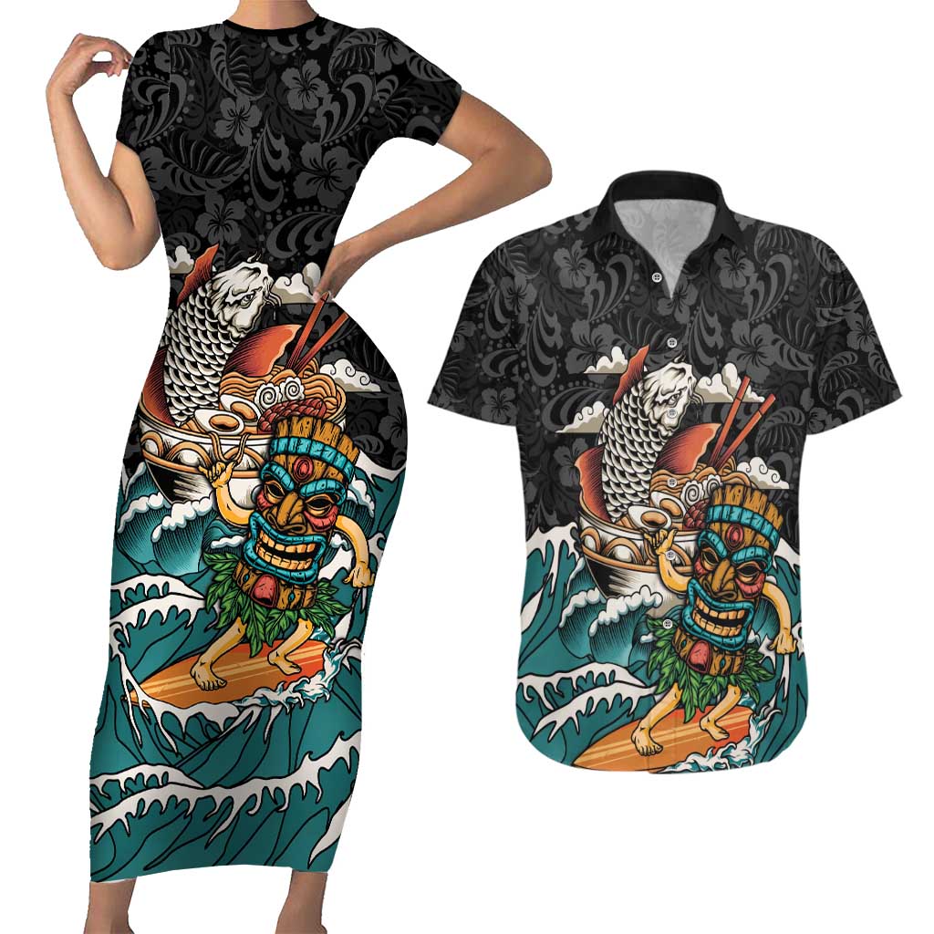 Personalized Japanese Koi Fish Ramen Couples Matching Short Sleeve Bodycon Dress and Hawaiian Shirt Tiki Surfing Wagara Hibiscus Pattern