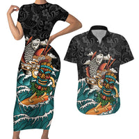 Personalized Japanese Koi Fish Ramen Couples Matching Short Sleeve Bodycon Dress and Hawaiian Shirt Tiki Surfing Wagara Hibiscus Pattern