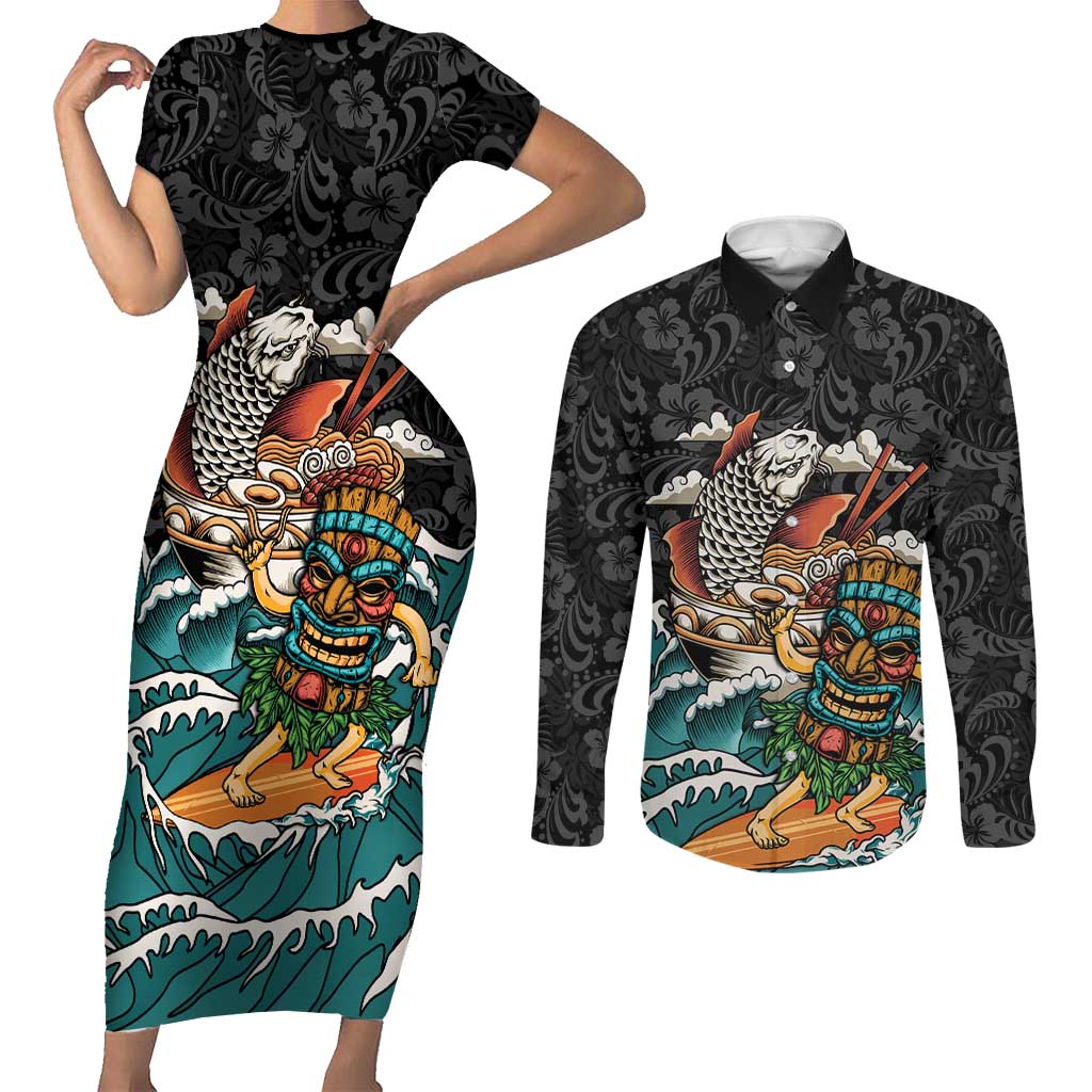 Personalized Japanese Koi Fish Ramen Couples Matching Short Sleeve Bodycon Dress and Long Sleeve Button Shirt Tiki Surfing Wagara Hibiscus Pattern