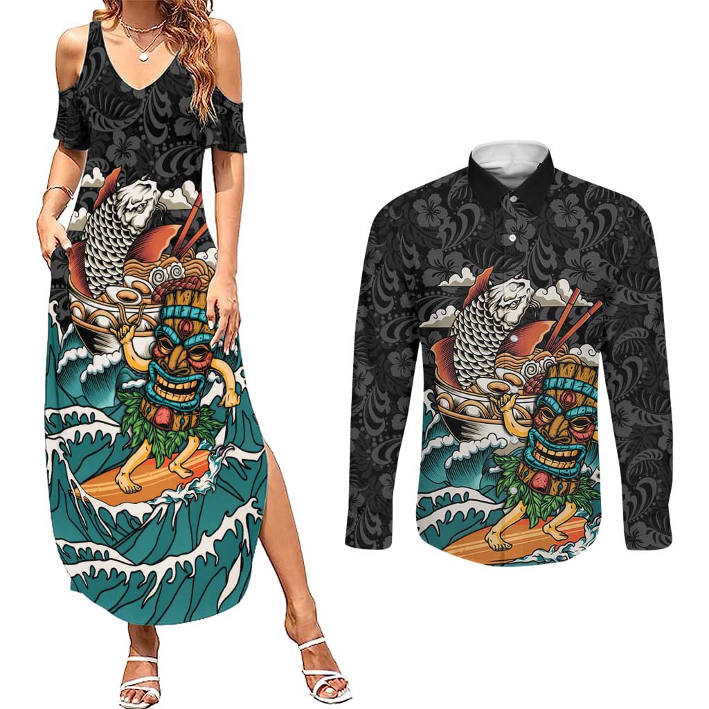 Personalized Japanese Koi Fish Ramen Couples Matching Summer Maxi Dress and Long Sleeve Button Shirt Tiki Surfing Wagara Hibiscus Pattern