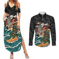Personalized Japanese Koi Fish Ramen Couples Matching Summer Maxi Dress and Long Sleeve Button Shirt Tiki Surfing Wagara Hibiscus Pattern