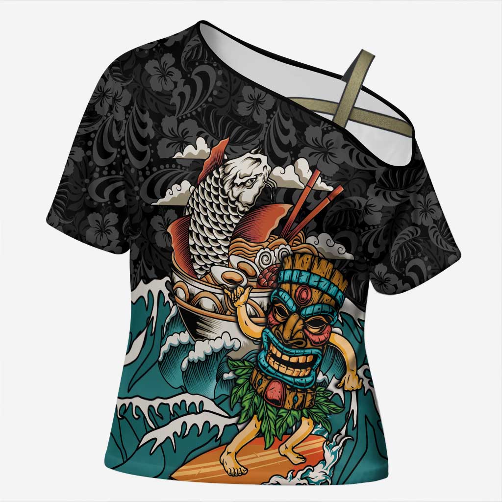 Personalized Japanese Koi Fish Ramen Cross Shoulder Shirt Tiki Surfing Wagara Hibiscus Pattern
