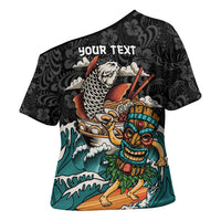 Personalized Japanese Koi Fish Ramen Cross Shoulder Shirt Tiki Surfing Wagara Hibiscus Pattern
