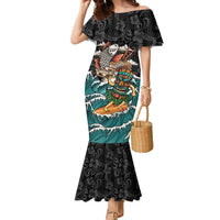 Personalized Japanese Koi Fish Ramen Family Matching Mermaid Dress and Hawaiian Shirt Tiki Surfing Wagara Hibiscus Pattern LT9 Mom's Dress Black - Polynesian Pride