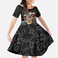 Personalized Japanese Koi Fish Ramen Family Matching Off The Shoulder Long Sleeve Dress and Hawaiian Shirt Tiki Surfing Wagara Hibiscus Pattern LT9 Daughter's Dress Black - Polynesian Pride