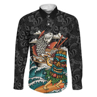 Personalized Japanese Koi Fish Ramen Family Matching Off The Shoulder Long Sleeve Dress and Hawaiian Shirt Tiki Surfing Wagara Hibiscus Pattern LT9 Dad's Shirt - Long Sleeve Black - Polynesian Pride
