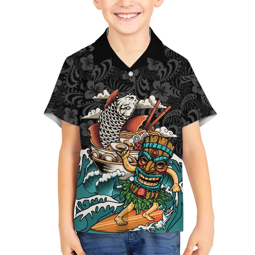 Personalized Japanese Koi Fish Ramen Family Matching Off Shoulder Maxi Dress and Hawaiian Shirt Tiki Surfing Wagara Hibiscus Pattern