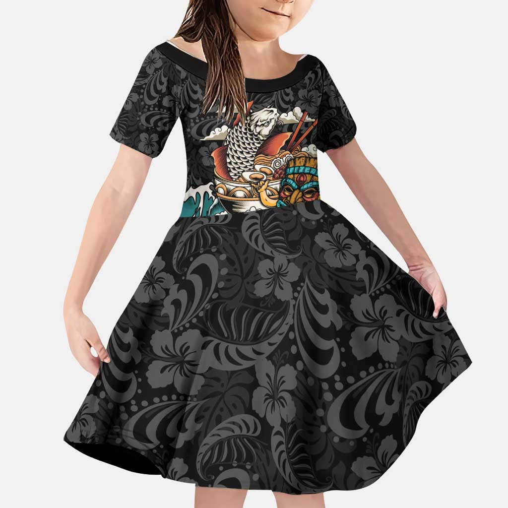 Personalized Japanese Koi Fish Ramen Family Matching Off Shoulder Short Dress and Hawaiian Shirt Tiki Surfing Wagara Hibiscus Pattern