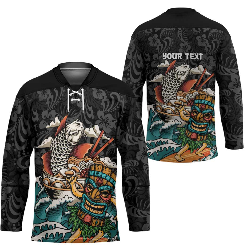 Personalized Japanese Koi Fish Ramen Hockey Jersey Tiki Surfing Wagara Hibiscus Pattern
