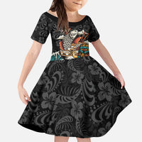 Personalized Japanese Koi Fish Ramen Kid Short Sleeve Dress Tiki Surfing Wagara Hibiscus Pattern