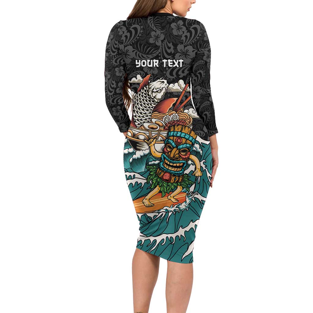Personalized Japanese Koi Fish Ramen Long Sleeve Bodycon Dress Tiki Surfing Wagara Hibiscus Pattern