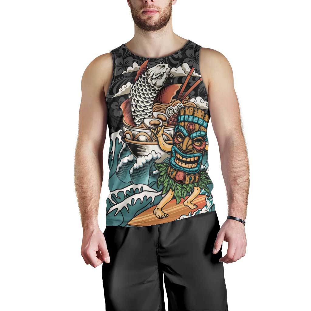 Personalized Japanese Koi Fish Ramen Men Tank Top Tiki Surfing Wagara Hibiscus Pattern