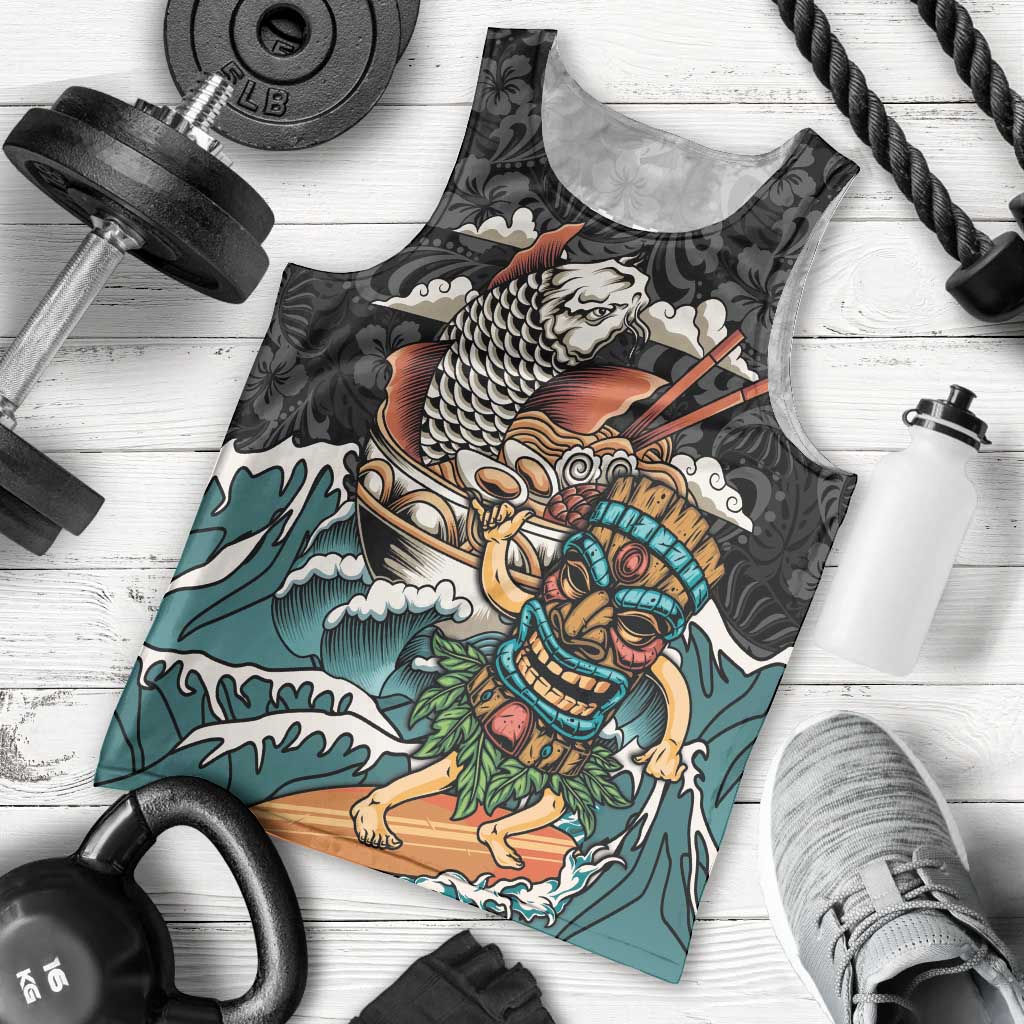 Personalized Japanese Koi Fish Ramen Men Tank Top Tiki Surfing Wagara Hibiscus Pattern