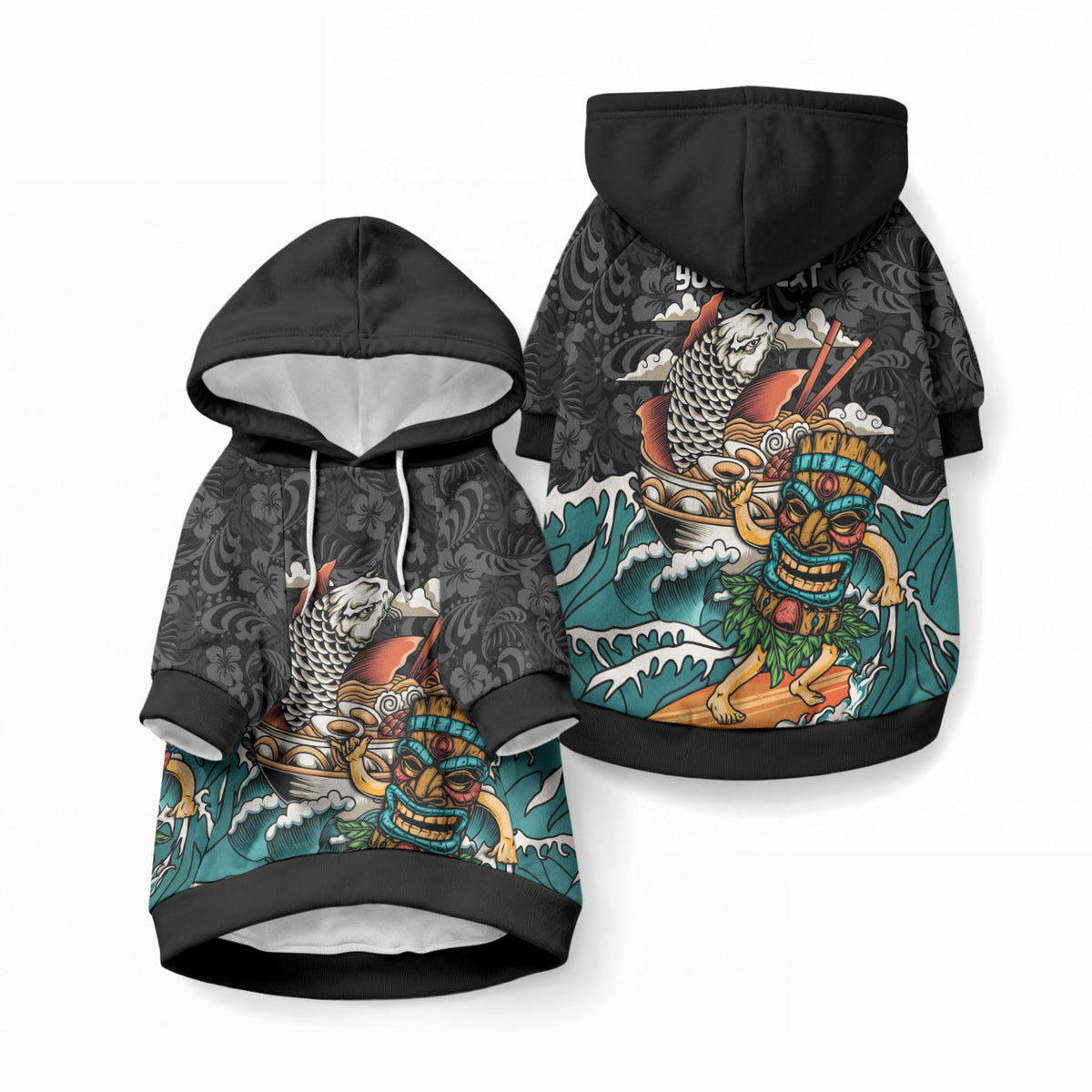 Personalized Japanese Koi Fish Ramen Pet Hoodie Tiki Surfing Wagara Hibiscus Pattern LT9 Pullover Black - Polynesian Pride