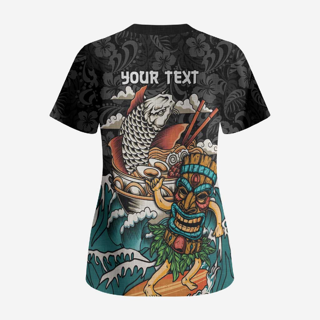 Personalized Japanese Koi Fish Ramen Scrub Top Tiki Surfing Wagara Hibiscus Pattern